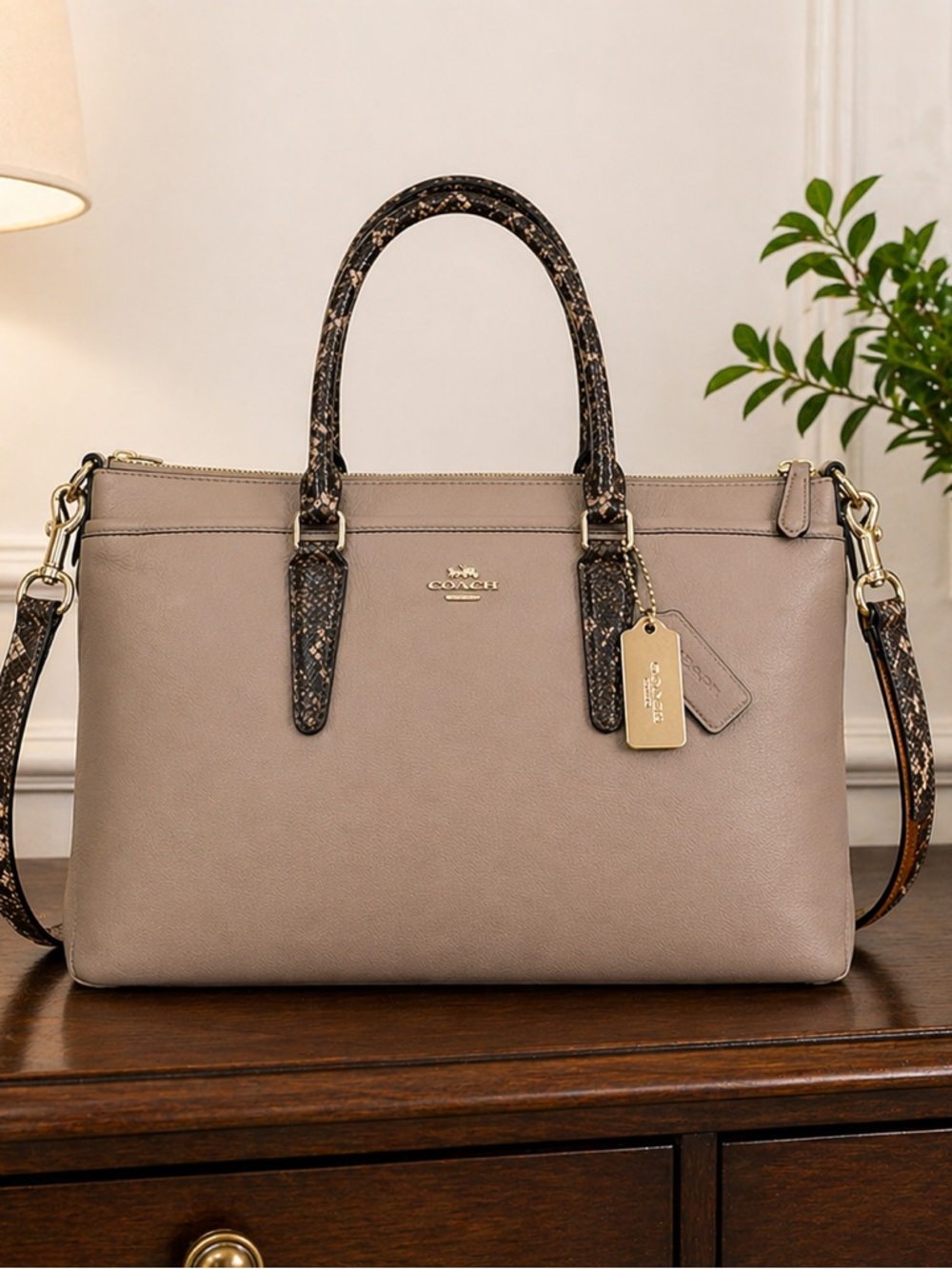 Coach Morgan Taupe Colorblock Satchel Python-Embossed Leather EUC
